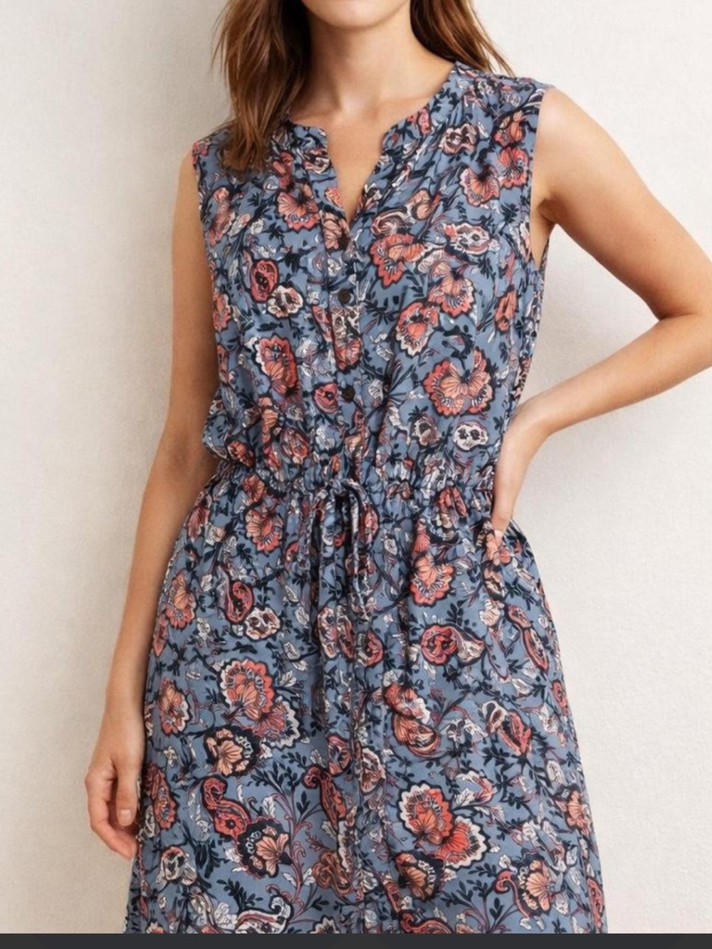 NWT LOFT Coral & Gray Blue Paisley Sleeveless
Drawstring Waist Dress Size SP